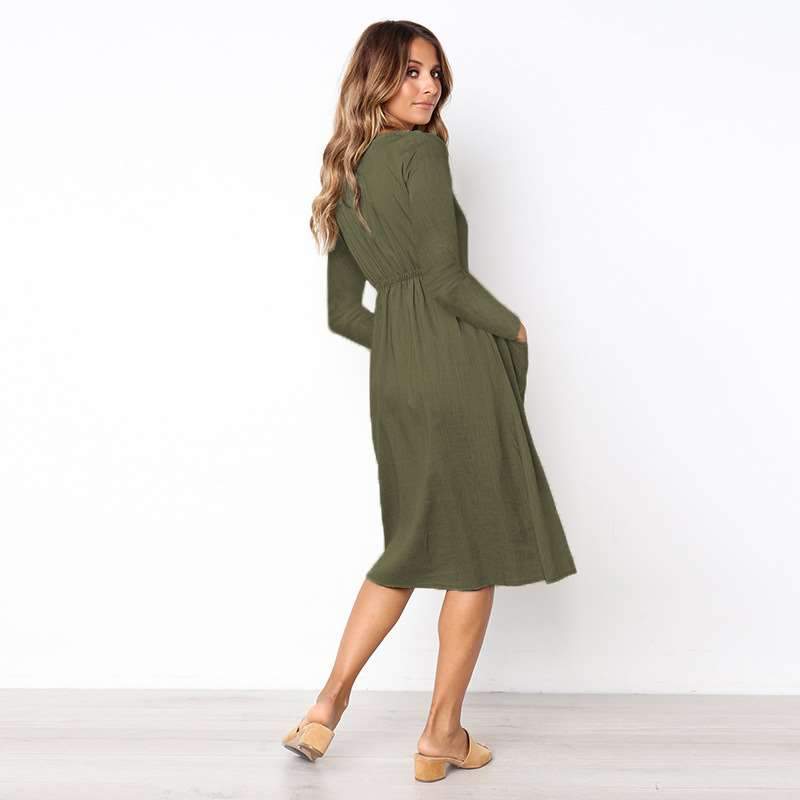 Fashion V neck Fastener Long sleeve Skater Dresses