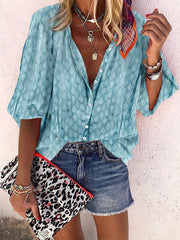 Turn Down Collar Printed Blue Blouses for Women