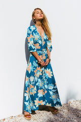 Floral Three quarter sleeve V neck Maxi Dresses