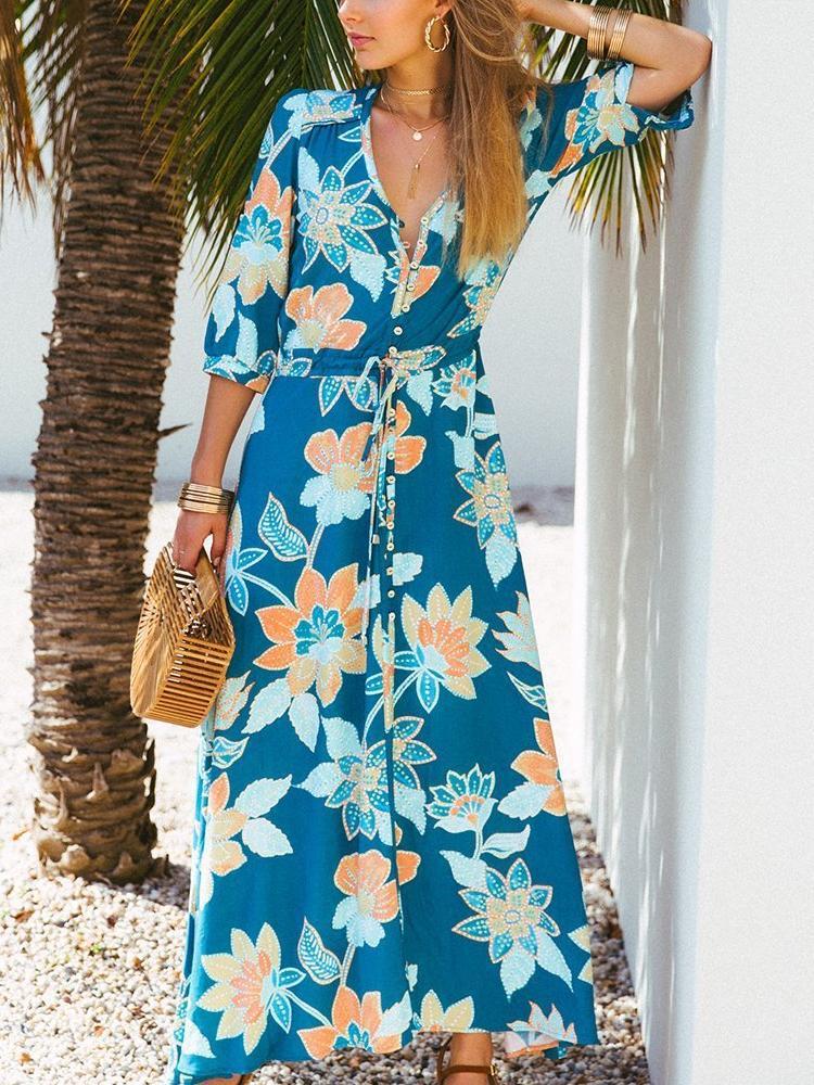 Floral Three quarter sleeve V neck Maxi Dresses