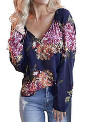 Floral V neck Long sleeve T-Shirts