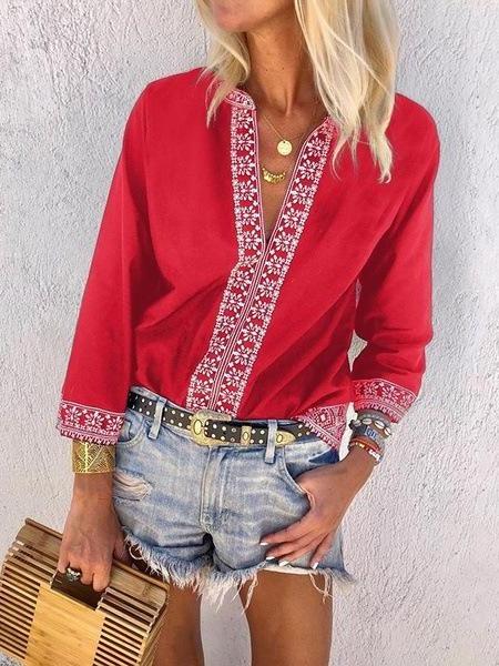 V Neck Floral Casual Blouses