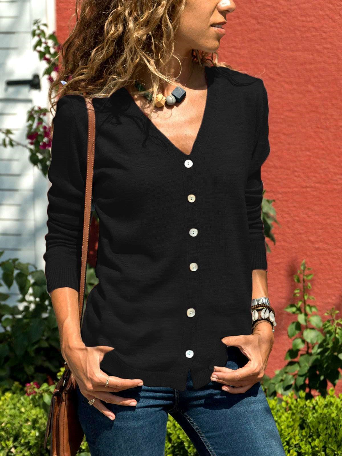 Stylish Elegant Pure V neck Long sleeve Fastener Knit Cardigan