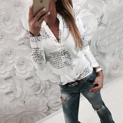 Turn Down Collar Single Breasted Letters Blouses