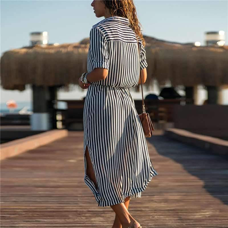 Fashion Stripe Lapel Lacing Maxi Skirt Dresses