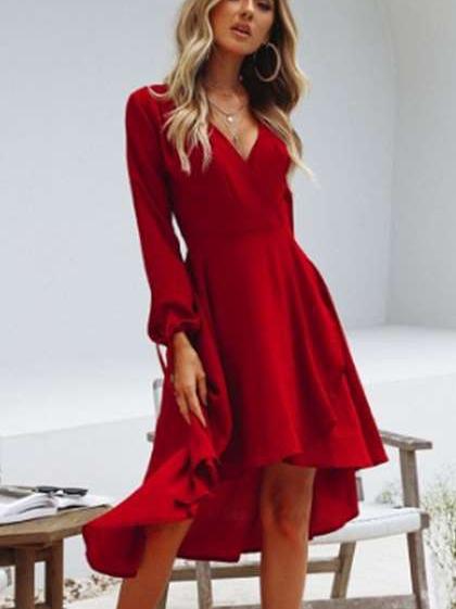 Fashion V neck Long sleeve Irregular Skater Dresses