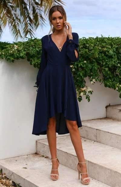 Fashion V neck Long sleeve Irregular Skater Dresses