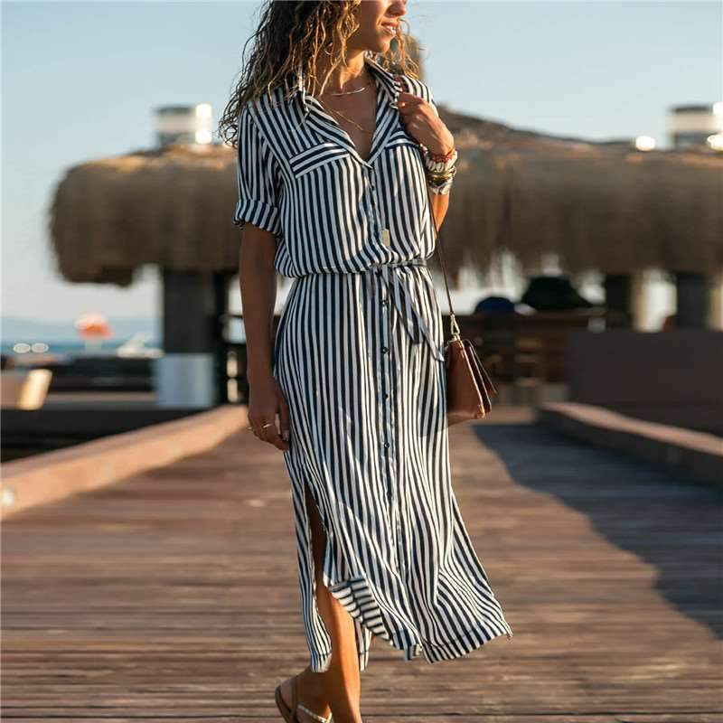 Fashion Stripe Lapel Lacing Maxi Skirt Dresses