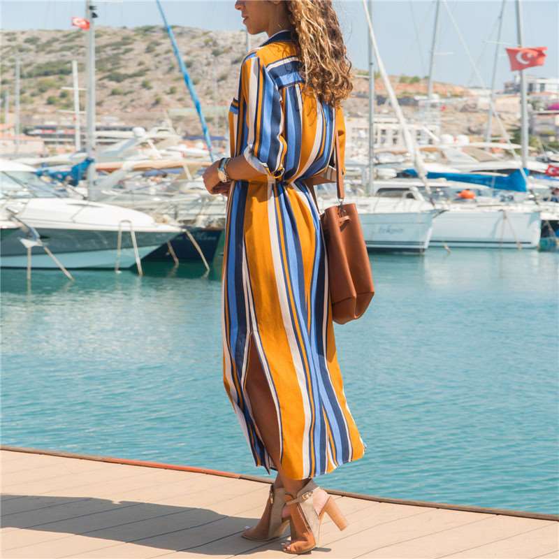 Fashion Stripe Lapel Lacing Maxi Skirt Dresses