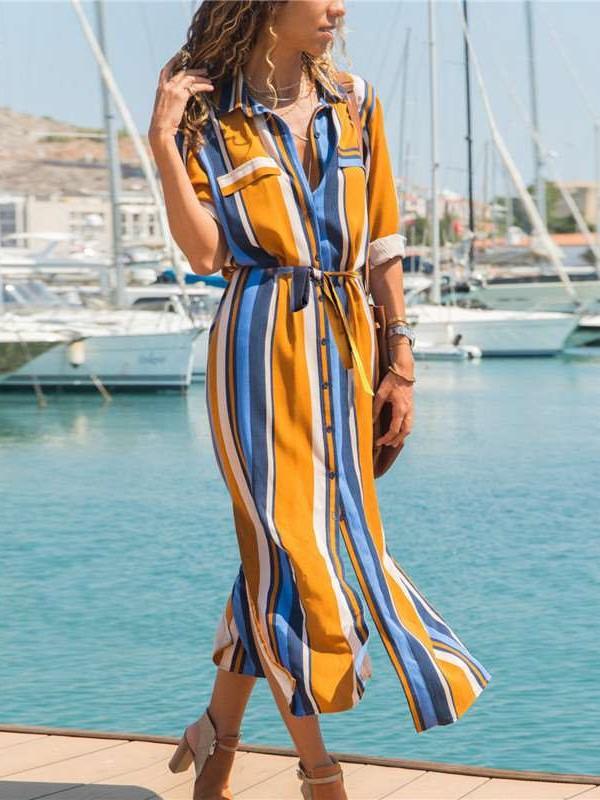 Fashion Stripe Lapel Lacing Maxi Skirt Dresses