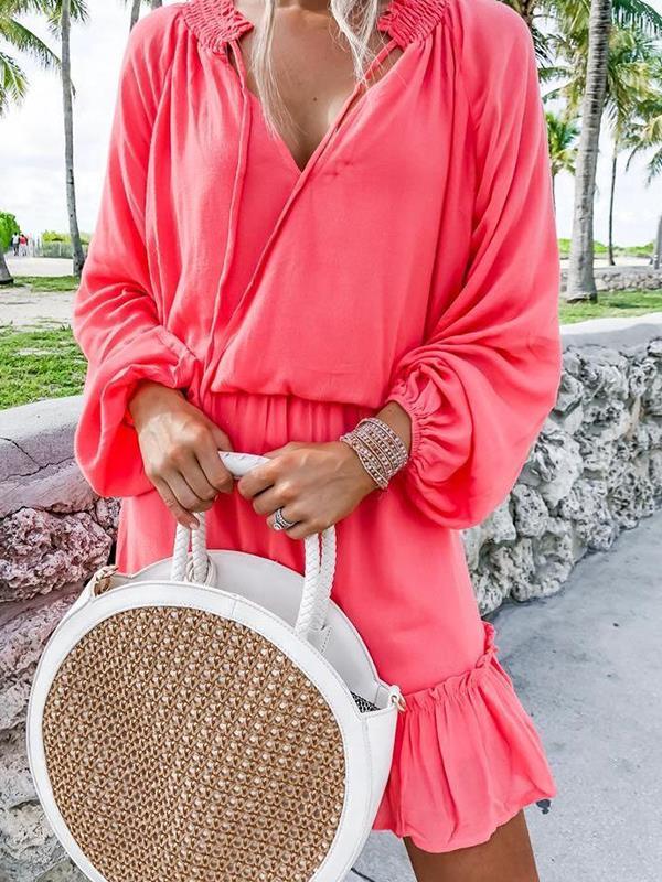 Sweet V-neck lantern sleeves women sakter dresses