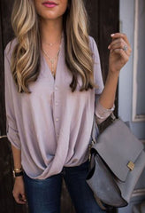 V Neck Asymmetrical Hem Roll Up Sleeves Plain Blouses