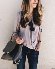 V Neck Asymmetrical Hem Roll Up Sleeves Plain Blouses