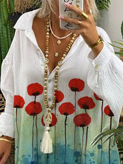 Floral Long Sleeve Shirt Collar Dress