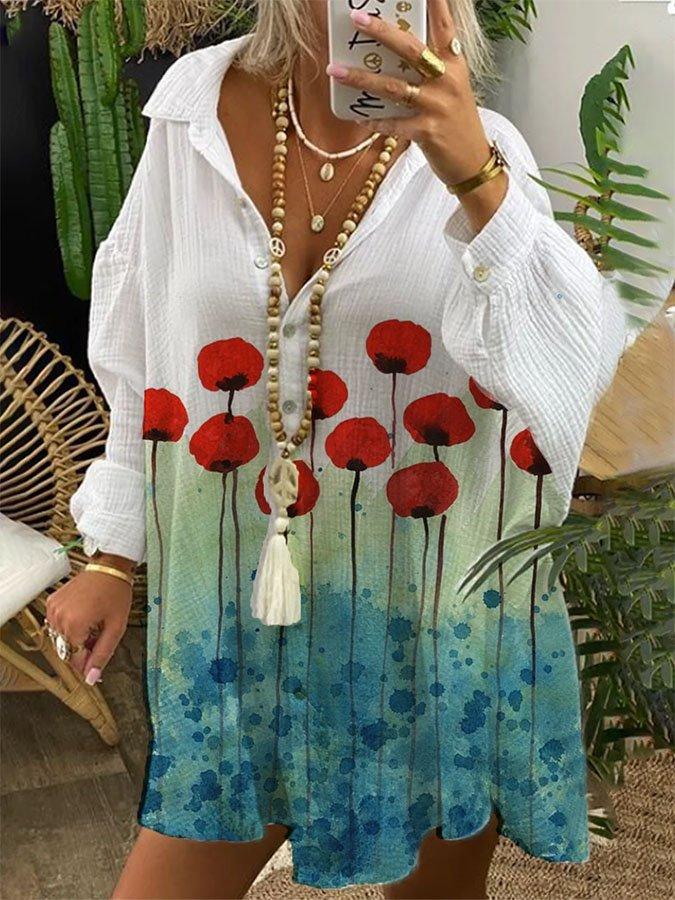 Floral Long Sleeve Shirt Collar Dress