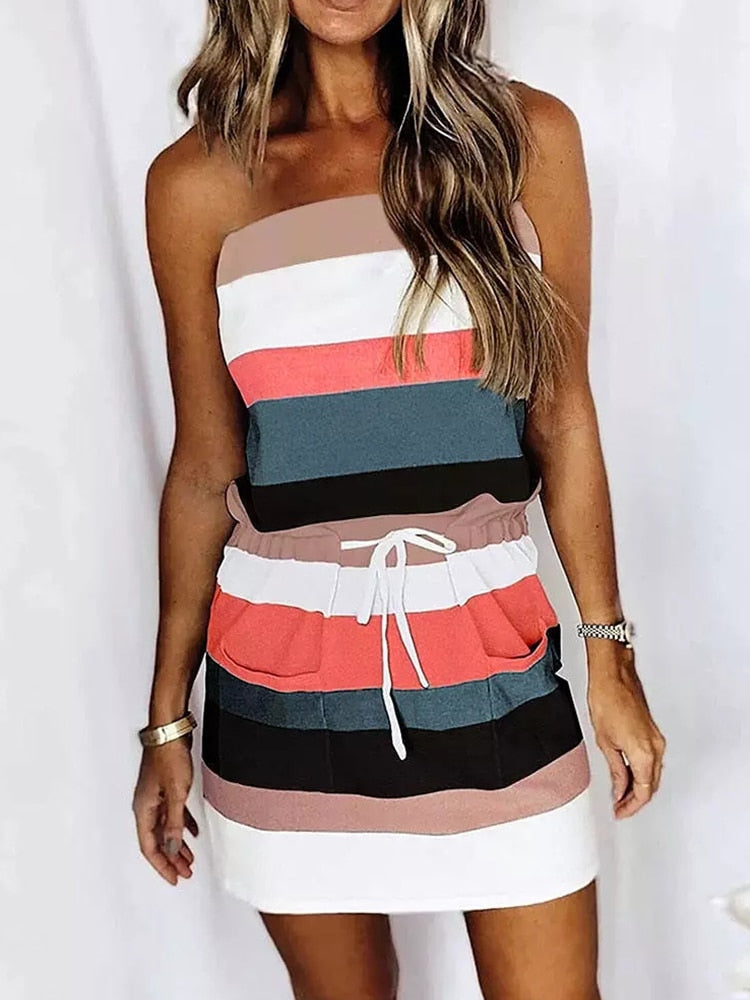 Strapless Sleeveless Mini Bandeau Dress Summer Casual Drawstring Striped Tube Splicing