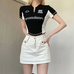 Harajuku American Zipper Slim Navel Crop Top