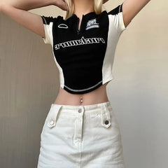 Harajuku American Zipper Slim Navel Crop Top