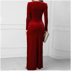 Spring Burgundy Velvet Casual Bodycon Vintage Maxi Dress
