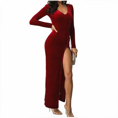 Spring Burgundy Velvet Casual Bodycon Vintage Maxi Dress