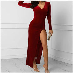 Spring Burgundy Velvet Casual Bodycon Vintage Maxi Dress