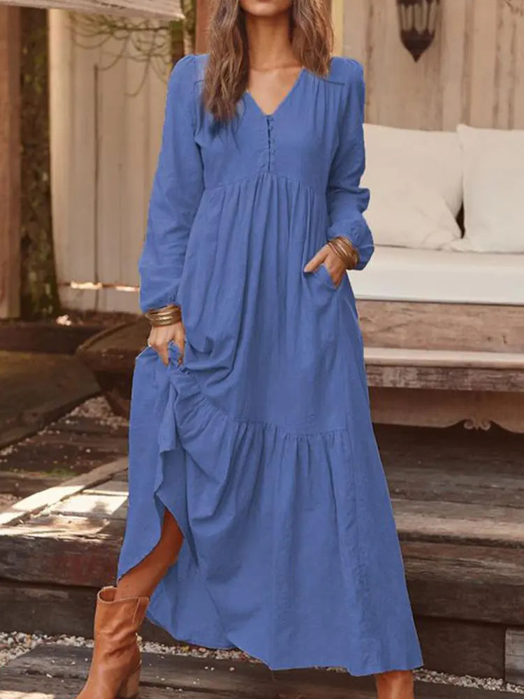 Retro Solid Color Maxi Cotton Boho Dress for