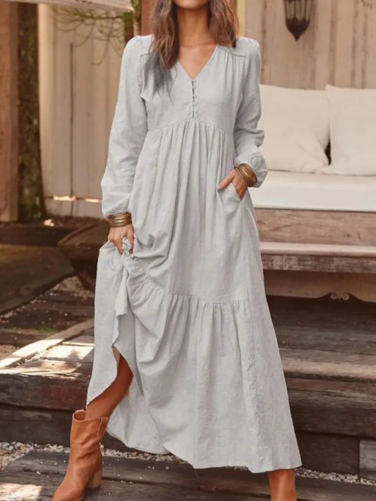 Retro Solid Color Maxi Cotton Boho Dress for