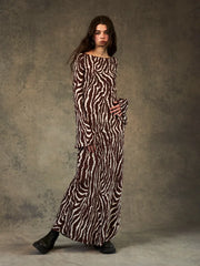 Spring Zebra Print Long Sleeve Flared Cuff Round Collar Floral Dress