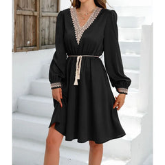 Solid Color Spliced Lace Up Fashion Midi Dress