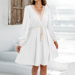 Solid Color Spliced Lace Up Fashion Midi Dress