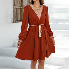 Solid Color Spliced Lace Up Fashion Midi Dress
