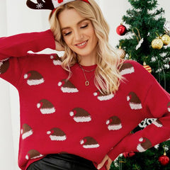 Pullover Sweater Long Sleeve Christmas Hat Round Neck Sweet Christmas Knitted