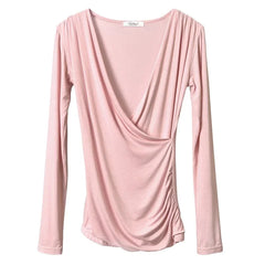 Solid Slim Waist V-Neck Long Sleeve 's Tee