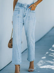 High Rise Paper Bag Elastic Waist Denim Jeans Pants