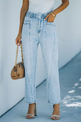 High Rise Paper Bag Elastic Waist Denim Jeans Pants