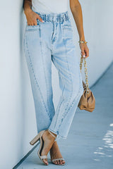 High Rise Paper Bag Elastic Waist Denim Jeans Pants