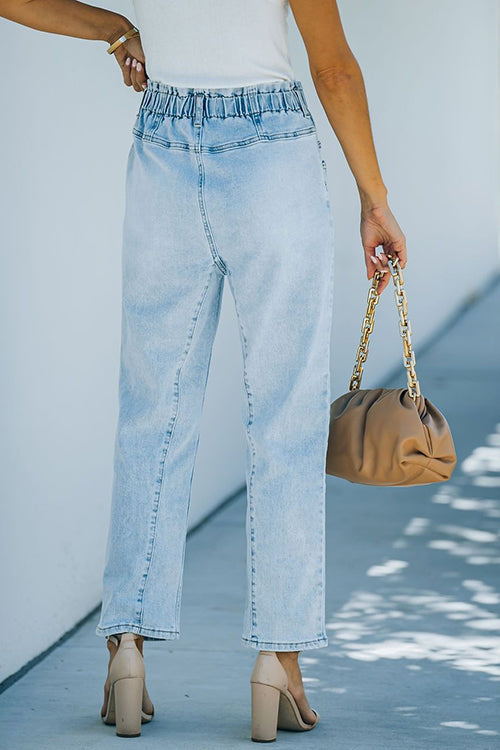 High Rise Paper Bag Elastic Waist Denim Jeans Pants