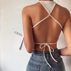 Backless Off Shoulder Lace-up Vest Clubwear Bodycon Summer Outwear White Solid Camis Crop Top