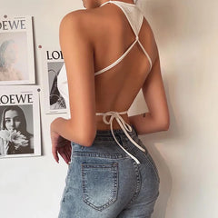 Backless Off Shoulder Lace-up Vest Clubwear Bodycon Summer Outwear White Solid Camis Crop Top