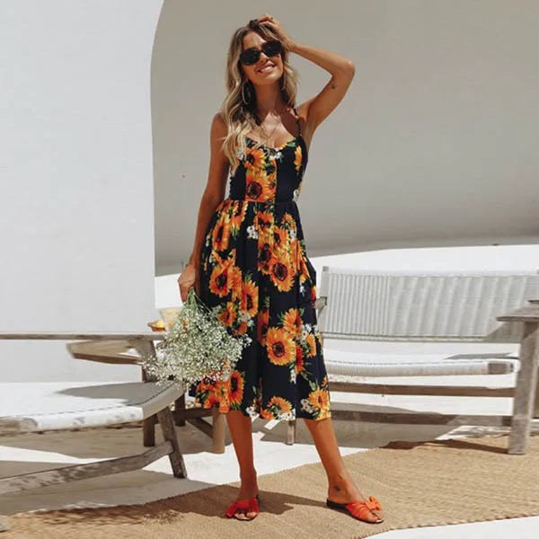 Beach Printing Suspenders Robe V-Neck Seeveless 's Vestiti Donna Midi Dresses