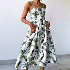 Beach Printing Suspenders Robe V-Neck Seeveless 's Vestiti Donna Midi Dresses