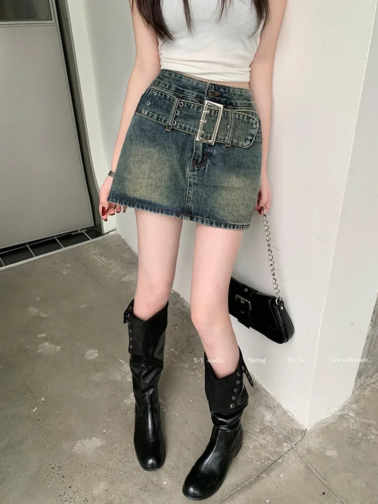 American Retro Denim High Waist A-line Short Skirt