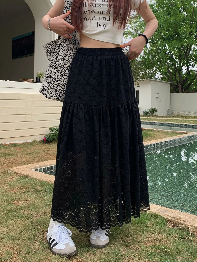 Black Lace Ruffled High Waist A-Line Skirt