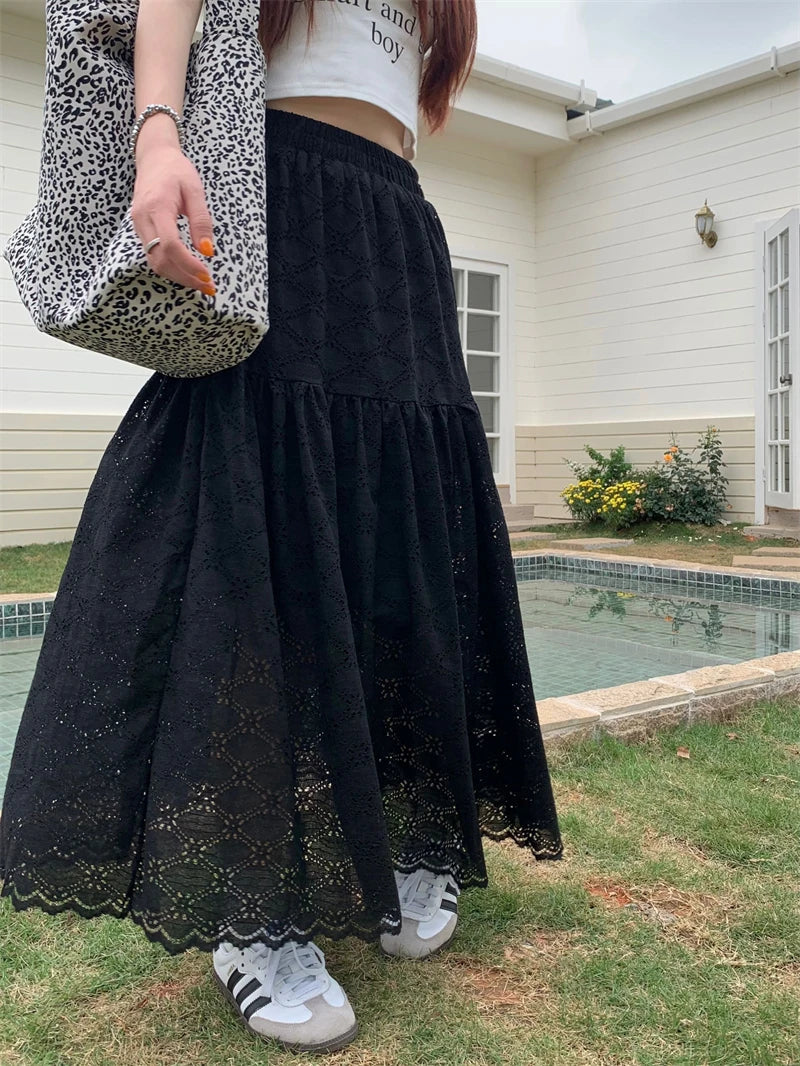 Black Lace Ruffled High Waist A-Line Skirt