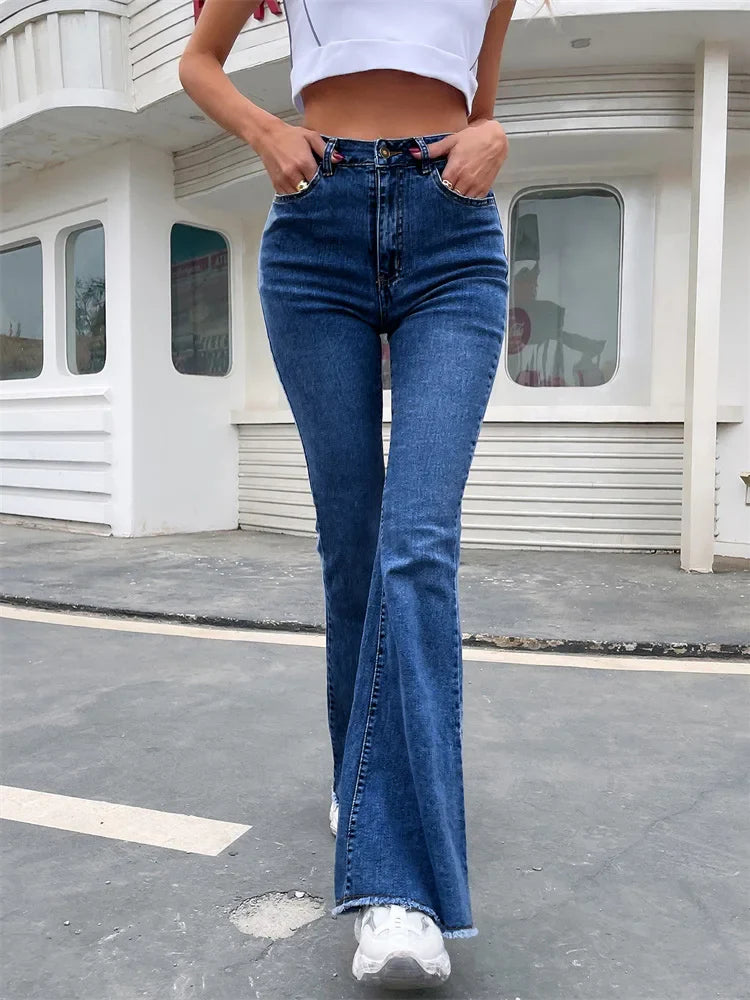 Button Fly Raw Hem Autumn High Waist Slim Flare Jeans