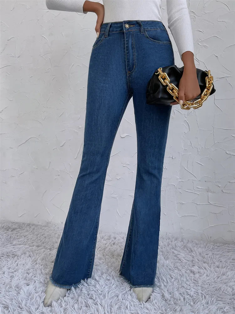 Button Fly Raw Hem Autumn High Waist Slim Flare Jeans