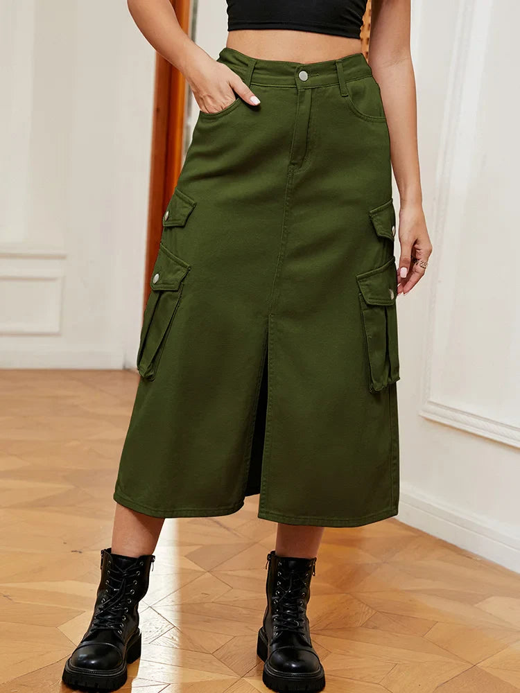 Casual Split Long High Waisted A-Line Cargo Jean Skirt