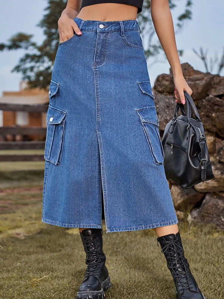 Casual Split Long High Waisted A-Line Cargo Jean Skirt