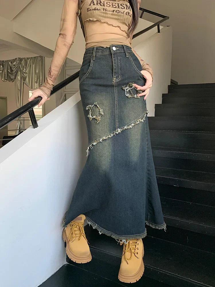 High Waist Raw Trim Mermaid Hem Long Denim Skirt