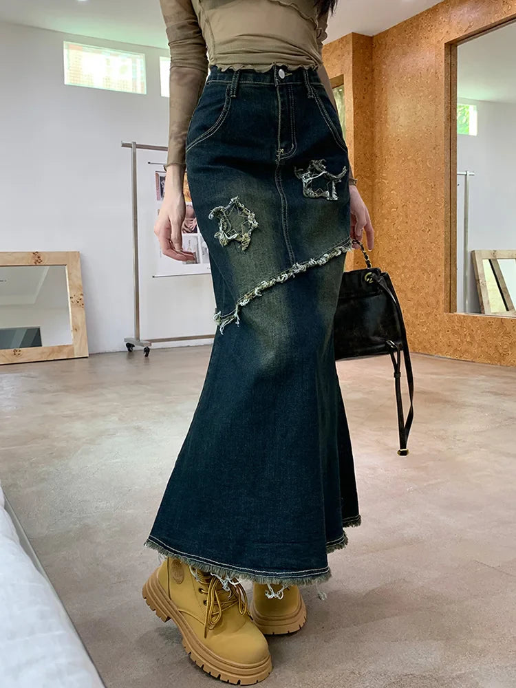 High Waist Raw Trim Mermaid Hem Long Denim Skirt